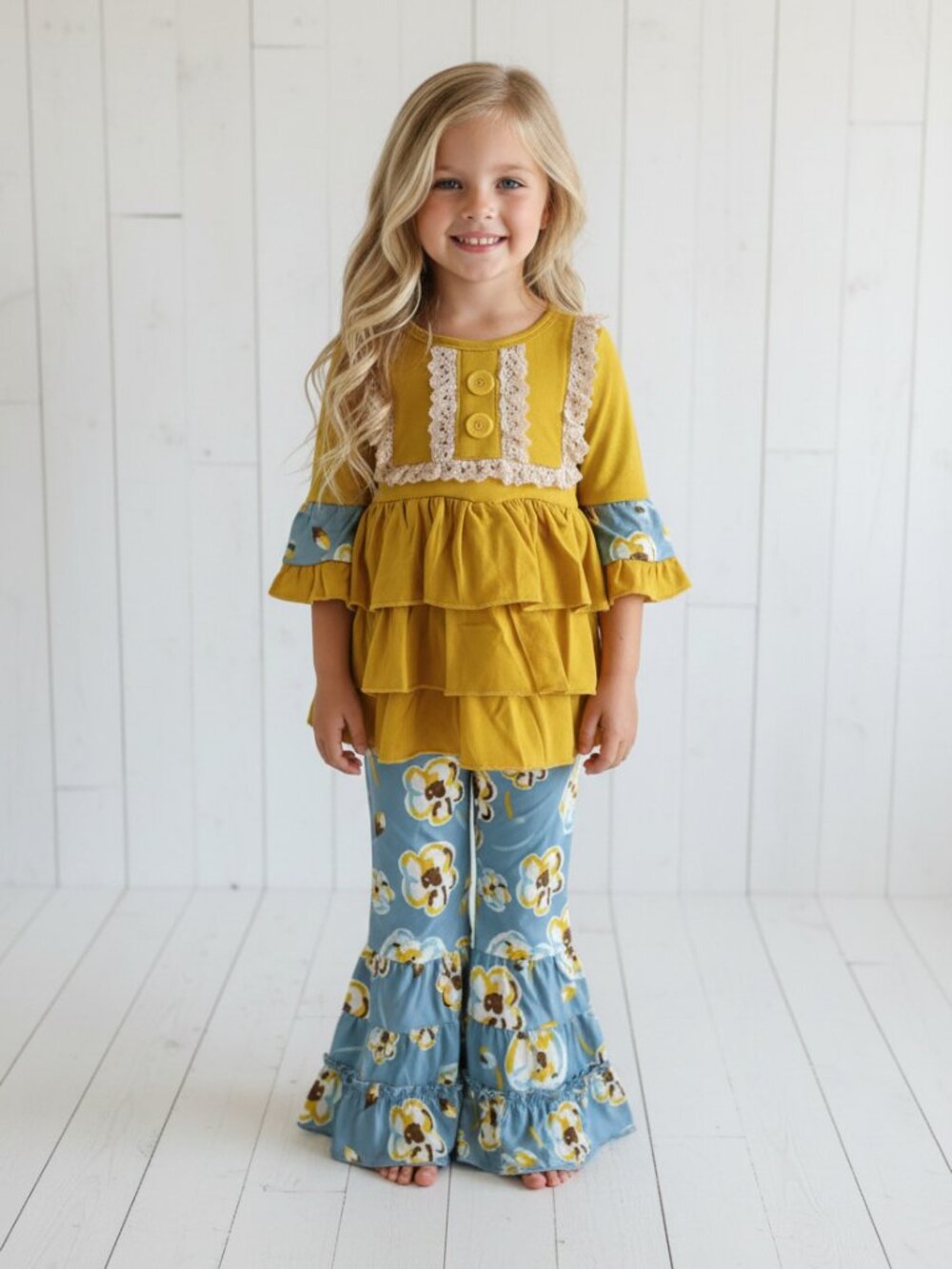 Boutique Aqua & Mustard Ruffles Outfit, Girl's
